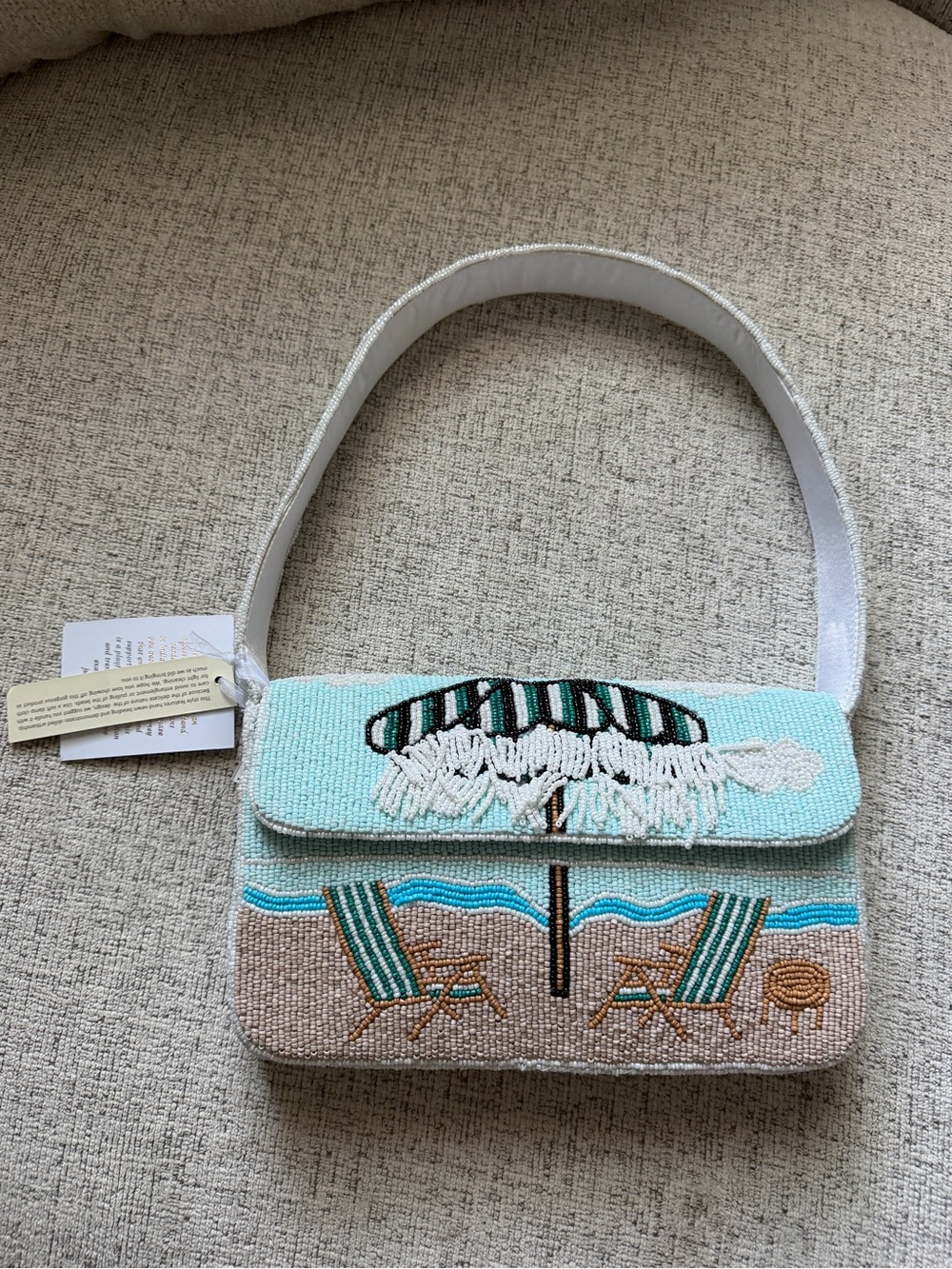 Beaded Coastal Scene Shoulder Bag - Aqua